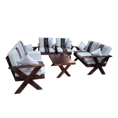 طقم جلسات خارجية من الخشب الأوروبي الطبيعي مكون من كنبه ثلاثيه + كنبه ثنائيه + 2 كرسى + طاوله قهوه - بيج - MS_SET_WD_00025