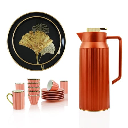 ترمس ستارا 1 لتر + طقم بيالات و فناجيل بورسلان + طقم صحون تقديم زجاج وأطراف خشبية 2 حبة