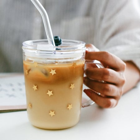 كوب قزاز للقهوة الباردة لون ذهبي نجوم كوب مع مصاص كأس زجاج بغطاء متجر