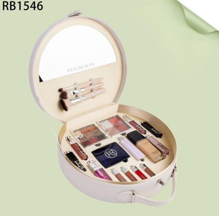 حقيبة مكياج دائرية فاخرة مع مرآة وإضاءة – مجموعة مكياج متكاملة للسفر والاستخدام اليومي