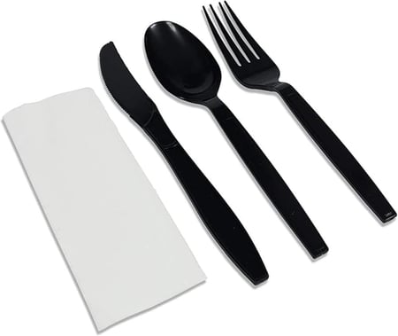 Black Plastic Cutlery Set with Napkin - Knife Fork Spoon Napkin Set -Disposable Cutlery Set