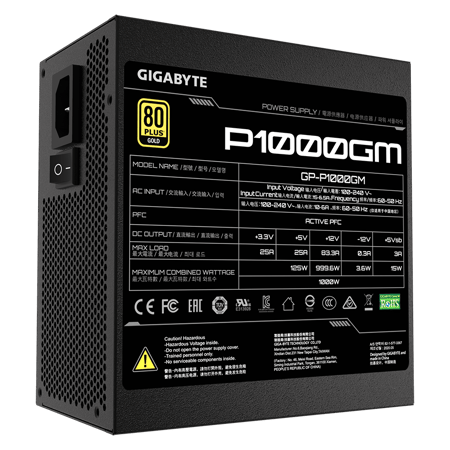 Gigabyte P1000GM Fully Modular ATX Power Supply, 80 Plus Gold Certified, 1000W, 120mm Smart Hydraulic Bearing Fan, Single +12V Rail, Main Japanese Capacitors, Black | GP-P1000GM