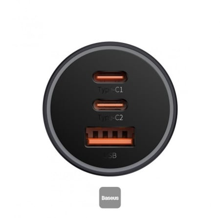 بيسوس - شاحن سيارة بقوة 65 واط بمنفذين تايب سي ومنفذ يو اس بي - رمادي