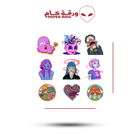 ستيكرات سايكيدلية ملونة تضم 9 تصاميم وجوه وشخصيات فنية مقاس 15/15 سم