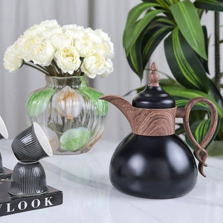 ترمس استيل بتصميم عصري خشبي ــ اسود ــ 0.6 لتر