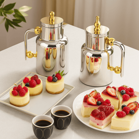طقم ترامس جديد شاي وقهوة نيكل بمقابض ذهبي