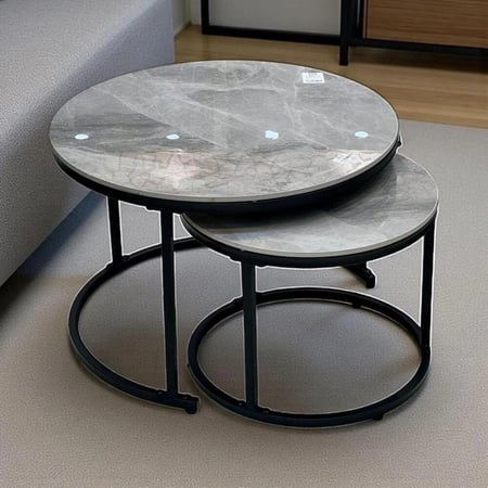 طقم طاولات قهوة دائرية بتصميم رخامي أبيض رمادي (قطعتين)