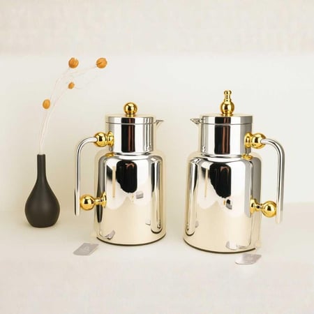 طقم ترامس جديد شاي وقهوة نيكل بمقابض ذهبي
