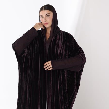 Purple plissé velvet abaya with Chiffon Embroidered Sleeves