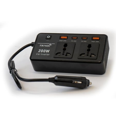 محول سيارة TiKNAL 200 واط مع منافذ AC مزدوجة وUSB/PD رباعية