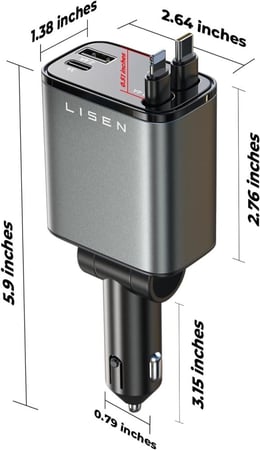 شاحن سيارة قابل للسحب من ليسين [محول شاحن سيارة USB بقدرة 69 وات]، شاحن سيارة قابل للسحب 4 في 1 هاتف شحن سريع للسيارة، تنظيم السيارة متوافق مع iPhone 15/14/13/12/11، Galaxy، Pixel