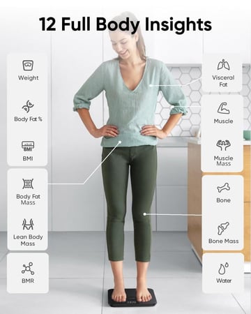 ميزان حمام رقمي لاسلكي ذكي A1 من يوفي بتقنية بلوتوث مع 12 قياس للوزن ونسبة الدهون ومؤشر كتلة الجسم وتحليل لمكونات لياقة خاصية التحويل بين كيلوجرام وباوند أسود