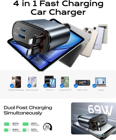 شاحن سيارة قابل للسحب من ليسين [محول شاحن سيارة USB بقدرة 69 وات]، شاحن سيارة قابل للسحب 4 في 1 هاتف شحن سريع للسيارة، تنظيم السيارة متوافق مع iPhone 15/14/13/12/11، Galaxy، Pixel