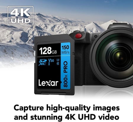 ليكسار بطاقة ذاكرة 800x برو SDXC UHS-I عالية الاداء 128GB، C10، U3، V30، فيديو 4K UHD، قراءة حتى 150 ميجابايت/ثانية، لكاميرات دي اس ال ار متوسطة المدى (LSD0800P128G-BNNNU)