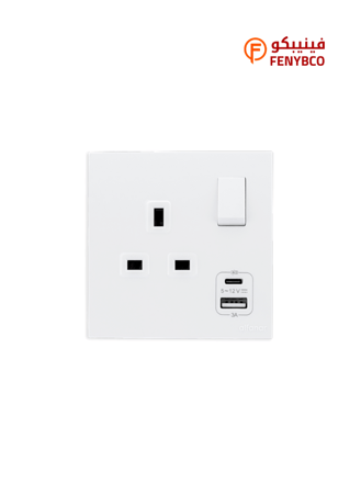 فيش 13 أمبير USB A+C مع مفتاح ماسه الفنار أبيض