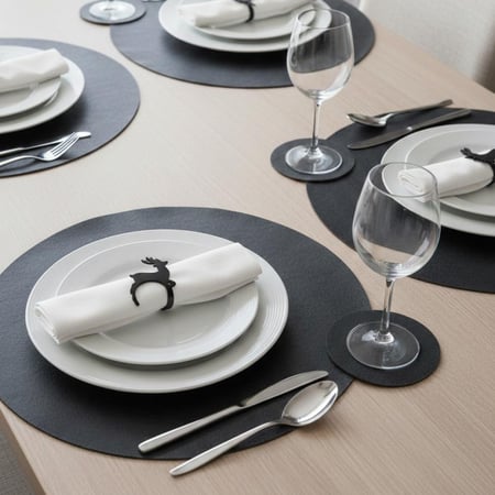 طقم الغزال 4 قاعدات للصحون من الجلد الاسود و 4 قاعدات للاكواب 4 خواتم مناديل