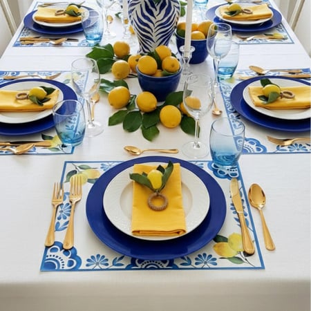 طقم الليمون 8 قاعدات للصحون 8 خواتم مناديل ومنديل ورقي