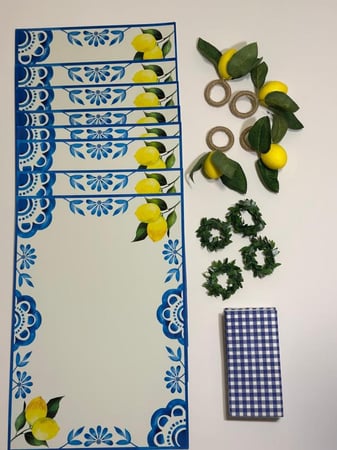 طقم الليمون 8 قاعدات للصحون 8 خواتم مناديل ومنديل ورقي