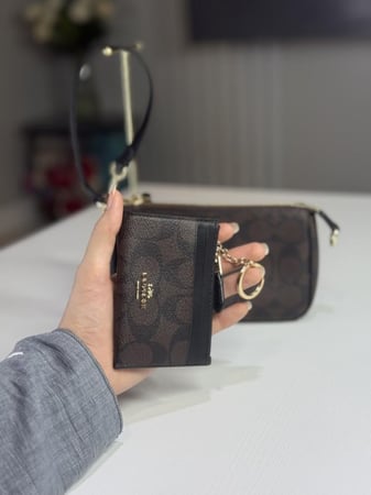 شنطة كوتش نتاليا مقاس 19 بلون سجنشر بني و اسود (مع محفظه) -Coach Nolita 19 In Colorblock Signature