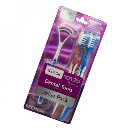 طقم فرش اسنان متوسط مع منظف لسان 5 قطع من نورسين