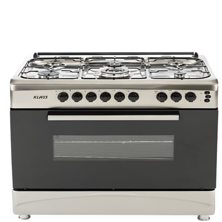 فرن كلاس غاز تركي - 5 عيون - 2 مروحة - 9 مفاتيح - 60×90 سم - شبك عريض - T9503 INOXBS