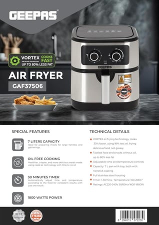 جيباس قلاية هوائية صحية بدون زيت 7 لتر 1800 واط