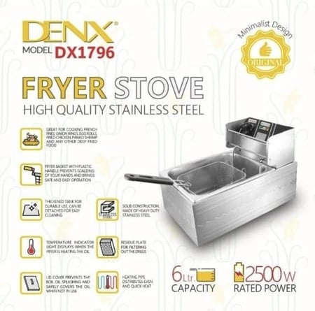 DENX دينكس قلاية زيت من الفولاذ المقاوم للصدا 6 لتر 2500 واط
