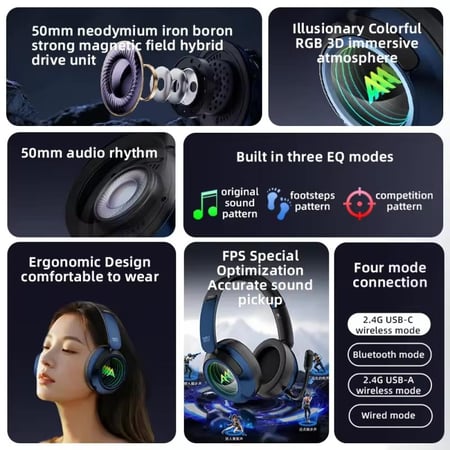 سماعة ألعاب لاسلكية بيفا ميد ميراج بإضاءة RGB مع مايكروفون