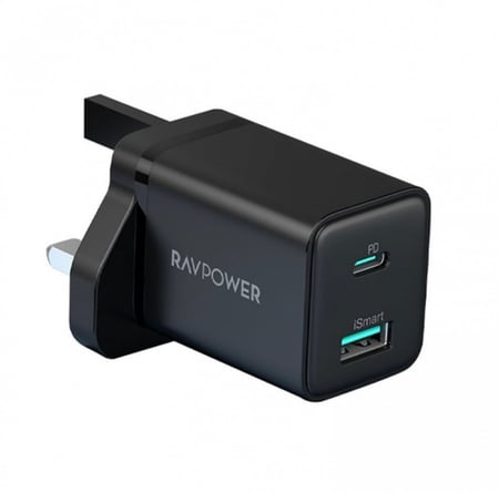 شاحن جداري راف باور 20 واط بمنفذ تايب سي ومنفذ يو اس بي - اسود