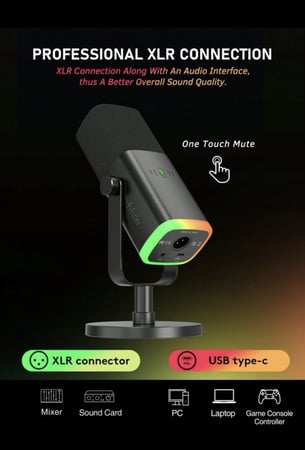 ميكروفون FIFINE اصدار AM8 ديناميكي اضاءة RGB يدعم خاصية التحكم بالصوت وخاصية الميوت بلمسه بمنفذ USB/XLR