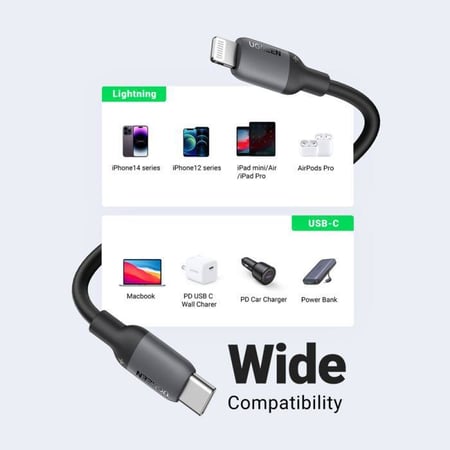 سلك شاحن يوجرين من USB-C إلى آيفون سيلكون بطول 1 م - أسود