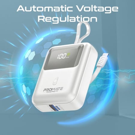 بطارية متنقلة فائقة الصغر بقدرة 35 واط بسعة 10000 مللي أمبير SuperSpeed™ مع كابل USB-C تايب سي و توصيل طاقة PD بقدرة 35 واط مع كابل USB-C مدمج ومدخل/مخرج USB-C و شاشة بطارية LED من Promate PowerPod-10