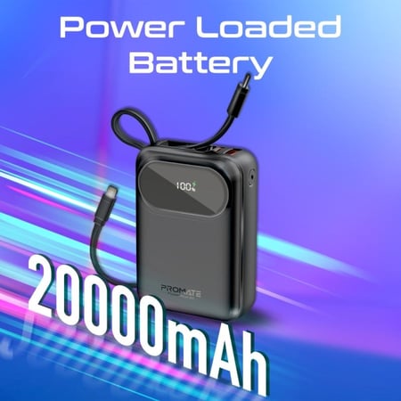 بطارية متنقلة فائقة الصغر بقدرة 20000 مللي أمبير في الساعة SuperSpeed™ بقدرة 35 واط مع كابل USB-C وLightning مدمجين وتوصيل طاقة بقدرة 35 واط و مدخل/مخرج USB-C بشاشة بطارية LED. من Promate PowerPod-20