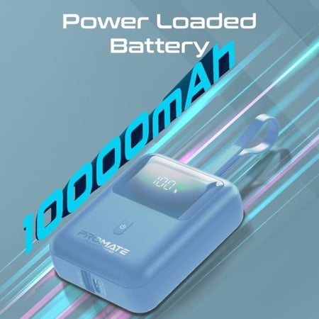بطارية متنقلة فائقة الصغر بقدرة 35 واط بسعة 10000 مللي أمبير SuperSpeed™ مع كابل USB-C تايب سي و توصيل طاقة PD بقدرة 35 واط مع كابل USB-C مدمج ومدخل/مخرج USB-C و شاشة بطارية LED من Promate PowerPod-10