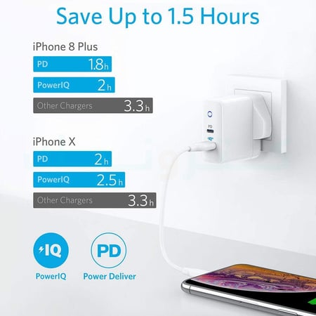 شاحن جداري 35 واط بمنفذين USB-A/USB-C مع تقنيتي POWER IQ 2.0 + PD من انكر