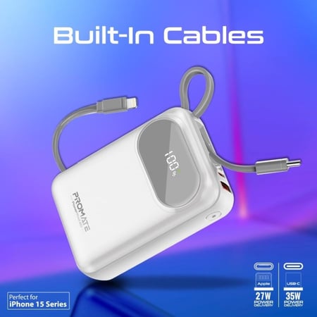 بطارية متنقلة فائقة الصغر بقدرة 20000 مللي أمبير في الساعة SuperSpeed™ بقدرة 35 واط مع كابل USB-C وLightning مدمجين وتوصيل طاقة بقدرة 35 واط و مدخل/مخرج USB-C بشاشة بطارية LED. من Promate PowerPod-20