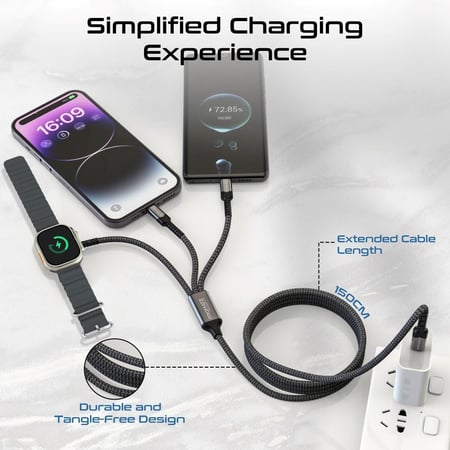 تجربة شحن ونقل بيانات فعّالة مع كابل iCharge-Trio متعدد الوصلات 5 في 1، يتميز بتوصيل طاقة بقدرة 60 واط لموصل USB-C فائق السرعة، شاحن لساعة أبل بقدرة 2.5 واط وشاحن أيفون بتقنية لايتينينغ بقوة 27 واط بالإضافة إلى طول كيبل 1.5 متر - Promate iCharge-Trio