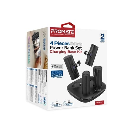 مجموعة بطاريات الفزعة - أربع بطاريات بسعة 5000 مللي أمبير مع قاعدة شحن وتوصيل طاقة بقدرة 20 واط PD مع بطاريتين USB-C وبطاريتين آيفون لايتينينغ.- Promate DeltaPack