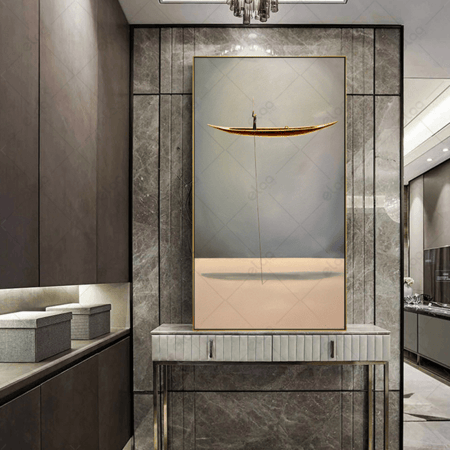 لوحة فنية لقارب معلق بخلفية درجات الرمادي