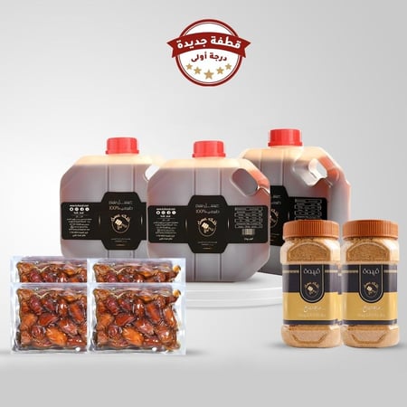 6 كيلو عسل سدر طبيعي 100% (قطفة جديدة درجة اولى)  + 2 عبوة قهوة سعودية فاخرة + 4 عبوات تمر خلاص سوبر