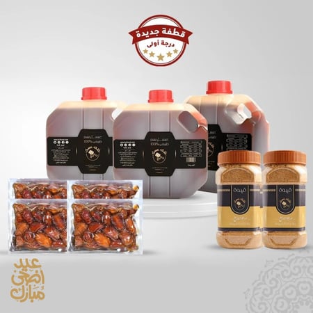 6 كيلو عسل سدر طبيعي 100% (قطفة جديدة درجة اولى)  + 2 عبوة قهوة سعودية فاخرة + 4 عبوات تمر خلاص سوبر