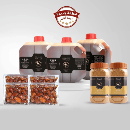 6 كيلو عسل سدر طبيعي 100% (قطفة جديدة درجة اولى)  + 2 عبوة قهوة سعودية فاخرة + 4 عبوات تمر خلاص سوبر