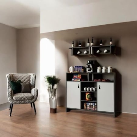 طاولة ركن قهوة أبيض ورمادي مع رف جداري