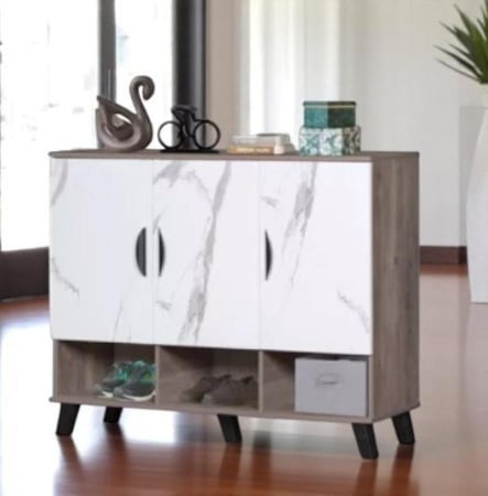 خزانة تنظيم أحذية 3 أبواب لون بني وأبيض رخامي