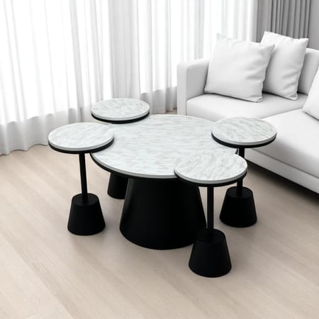 طقم طاولة صاج اسود 5 قطع سطح خشب شكل رخام