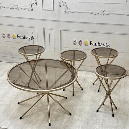 طقم طاولة بيضاوي دورين 5 قطع سطح خشب زجاج عسلي