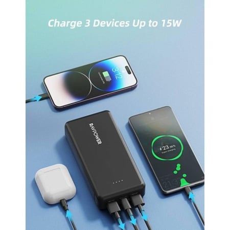 باور بانك راف باور بسعة 20,000 ملي امبير بقوة 15 واط بمنفذين USB ومنفذ تايب سي ومنفذ مايكرو - اسود