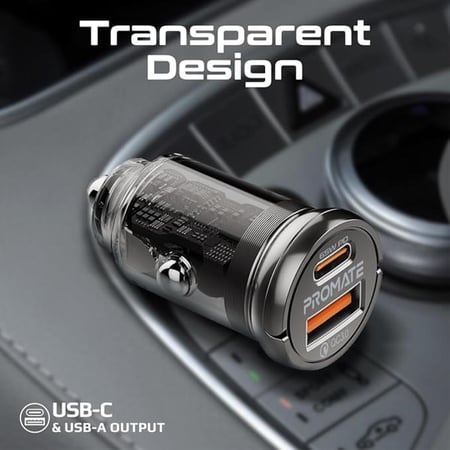 بروميت شاحن سيارة، محول سيارة شفاف صغير للغاية 65 واط مع منفذ USB نوع سي، منفذ كوالكوم كيو سي 3.0 USB-A ومقبض صغير وحماية من الحرارة لايفون، ماك بوك برو، ترانس درايف، 65 واط