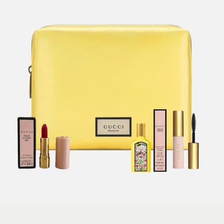 مجموعة قوتشي الزاهية (٤ قطع اصليه) / (شنطة + روج+ماسكارا+عطر)