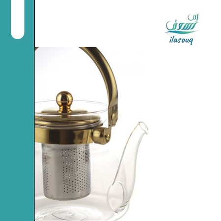 إبريق شاى زجاجى بغطاء ذهبي 1.1 لتر